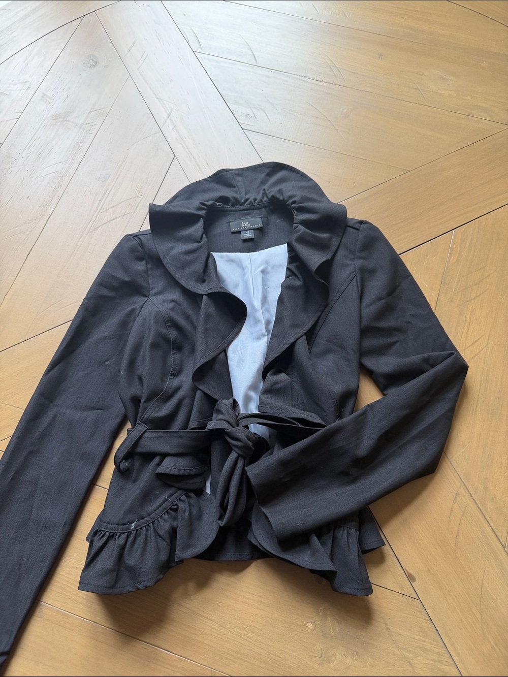 Iz Byer Black Ruffle-Trim Tie-Waist Blazer
